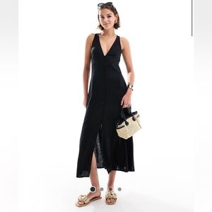 Black Sleeveless V-Neck Midi linen Dress